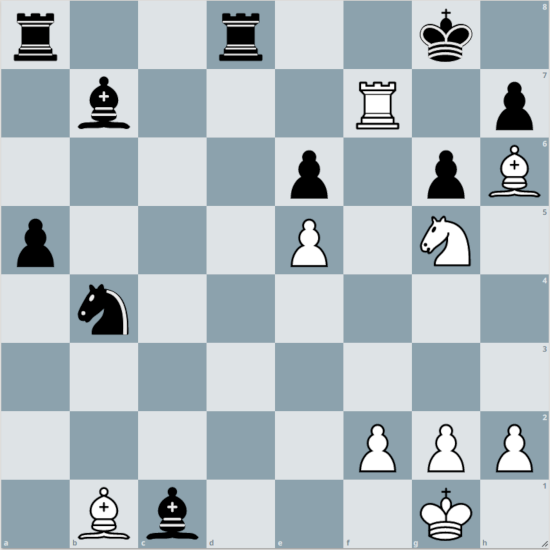 Weiß: Kg1 Tf7 Lb1 Lh6 Sg5 e5 h2 g2 f2; Schwarz: Kg8 Ta8 Td8 Lc1 Lb7 Sb4 a5 e6 g6 h7 